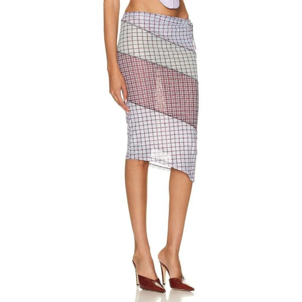 Miaou Diagonal Grid Midi Skirt in White, Cream & Red
